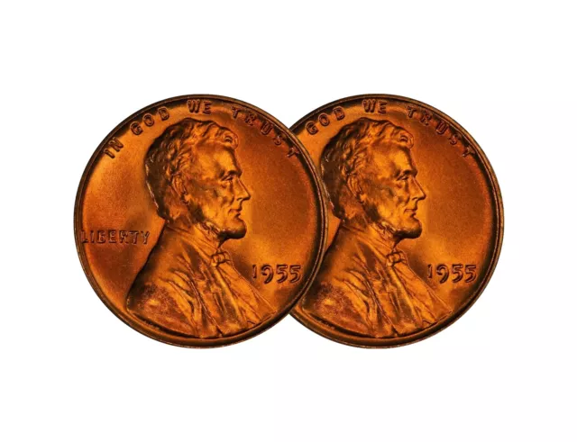 (2) 1955 P Lincoln Wheat Cent Choice BU 1c Brilliant Uncirculated - 2 Coin Set
