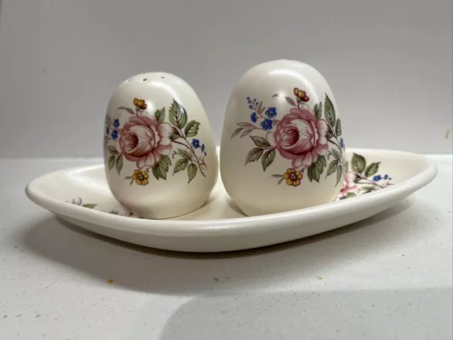 Vintage Axe Vale Pottery Salt & Pepper Shakers With Stand. Spring Floral Design
