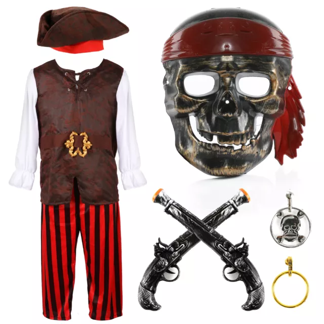 Pirate Skeleton Boys Halloween Costume Outfit Mask Pistols Kids Fancy Dress