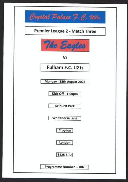 CRYSTAL PALACE U21s v FULHAM U21s 28.08.23 PREMIER LEAGUE 2 PROGRAMME