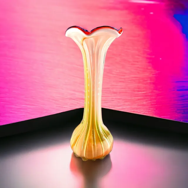 Vtg Hand Blown Art Glass Orange & White Cane Striped Ruffled Stretch Swirl Vase