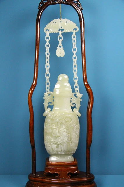 Chinese Exquisite Handmade Inlaid Hetian Jade Chain Bottle Dragon Phoenix 3