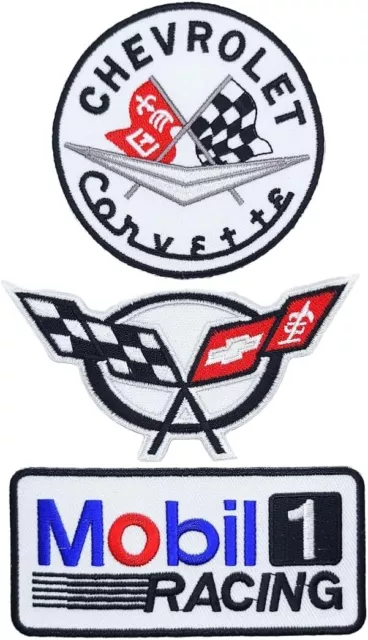 Corvette Checkered Flags & Mobil 1 Motorsport Racing Patch  -3PC iron on Sew