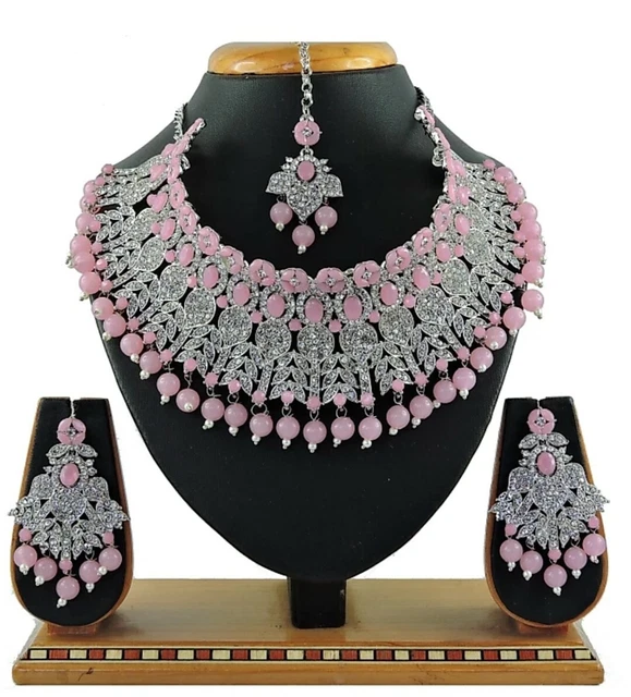 Indian Bollywood Style Pink Pearl Silver Plated Fashion Bridal Diamond Necklace