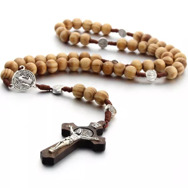 Catholic Wooden Rosary Necklace Catholic Wood Beads Cross Necklace Vintage VM