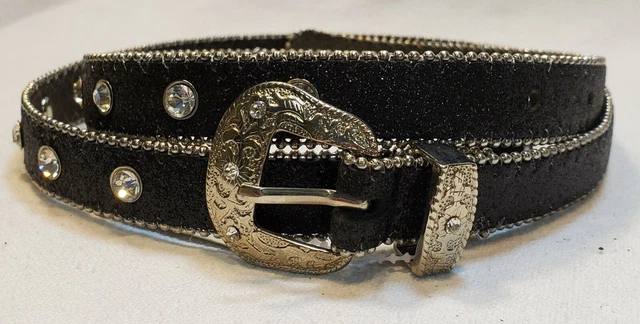 Ceinture Femme Skinny En Cuir Noir Avec Strass - Taille M, Boucle Réglable, Sans Marque