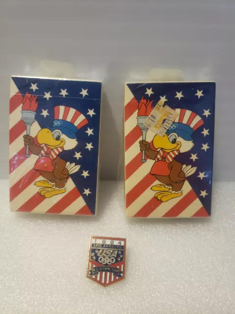 PLAYING CARDS & pin 1984 LOS ANGELES OLYMPICS DECK SAM THE EAGLE BRIDGE  VINTAGE