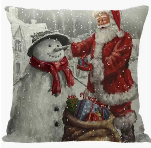 Snowman & Santa Vintage Christmas Throw Pillow Cover Winter Holiday Home Decor