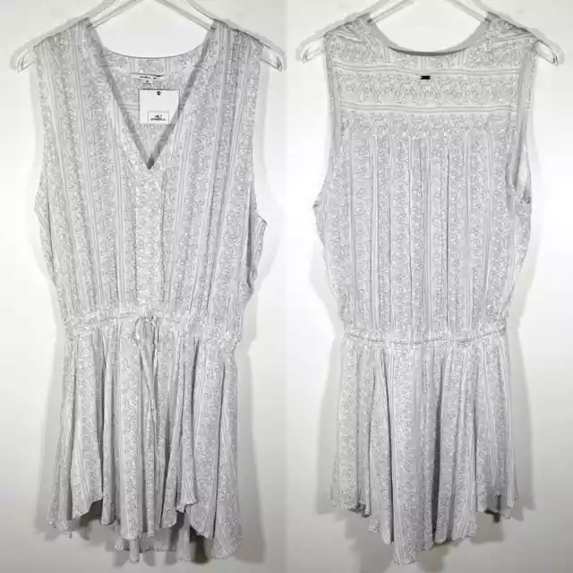 NWT O’Neill Resort Sleeveless Grey and White Drawstring Waist V Neck Dress