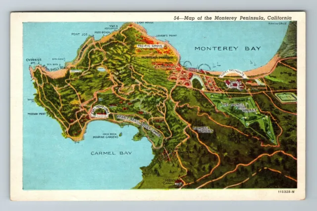 CA- California, Map The Monterey Peninsula, Aerial Scenic, Vintage Postcard