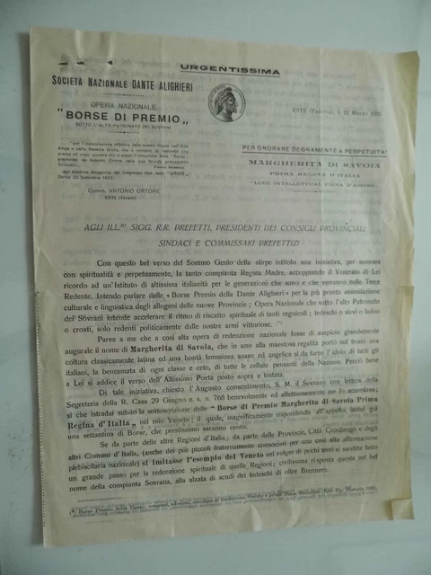 Lettera "SOCIETA' NAZIONALE DANTE ALIGHIERI - REGINA MARGHERITA DI SAVOIA" 1926