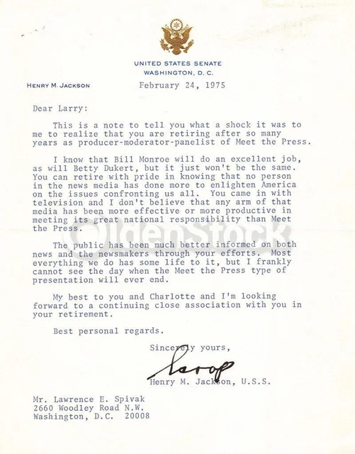 Henry Scoops Jackson Washington Senator Autograph Signed Press Letter 1975