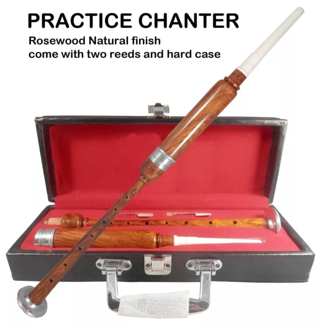 Scottish Bagpipe Practice Chanter Rose Wood Natural Color Silver mounts & reeds