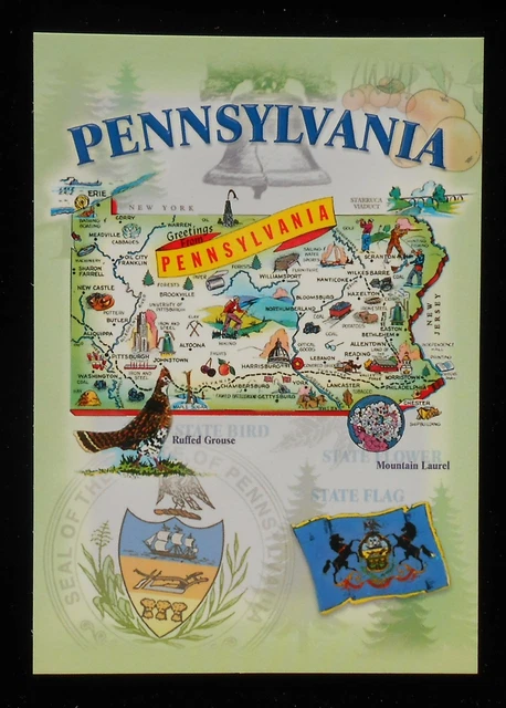 1980S STATE MAP of Pennsylvania Icons Landmarks Ruffed Grouse PA ...