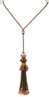 Michal Negrin Necklace Pink Crystal Beads Drop Pendant Tassel Victorian Antique