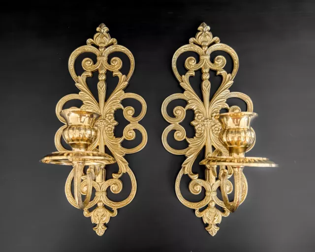 Victorian Style Pair Set of 2 Vtg Ornate Brass Wall Sconces Taper Candle Holder