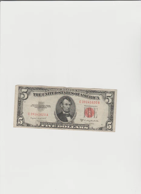 1953-B Five Dollar RED Seal Note United States Note Old US Bill $5 Average Circ