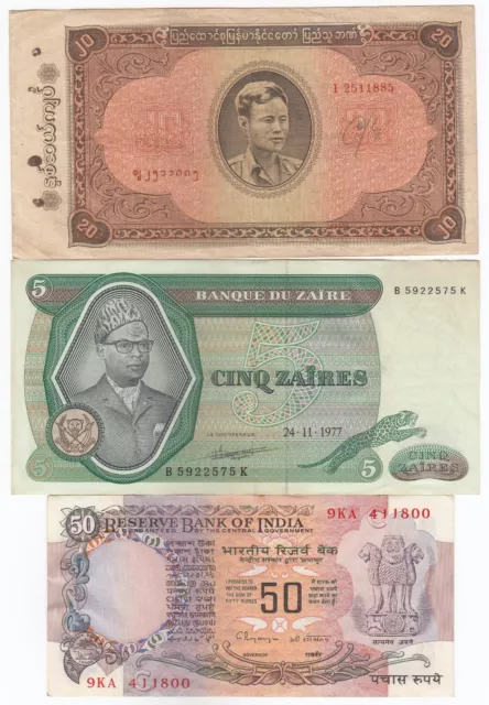 Indien, Zaire, Burma, Set Mit 3 Hinweise, Alle Verschiedene Welt Banknoten