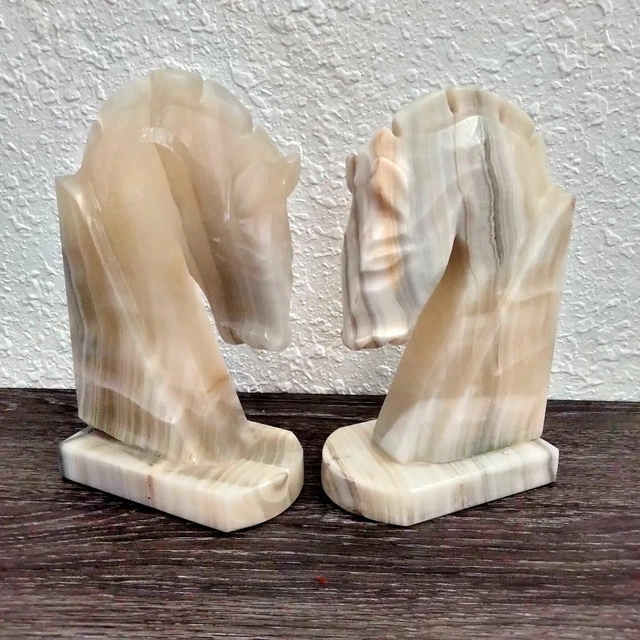 Marble Alibaster Horse set Large Chess Piece Decorations White Knights Book Ends