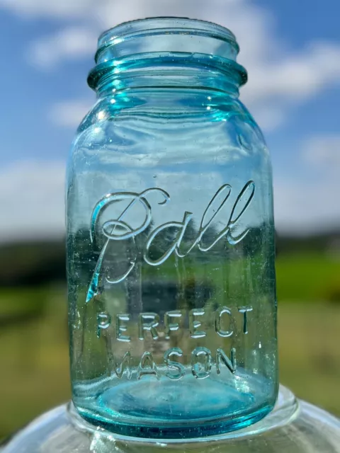 1923-1933 Blue BALL Perfect Mason QUART Jar Mold #9 w Bubbles in Glass
