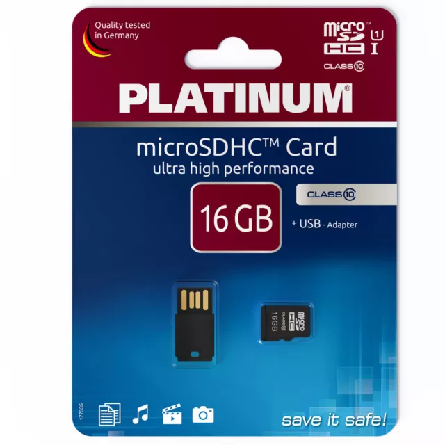 Platinum 16 GB Micro-SDHC Speicherkarte • Class 10 Speicher inkl. USB-Adapter