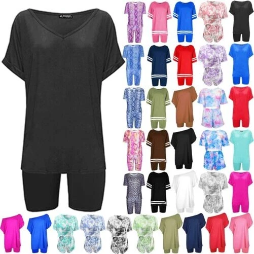 Donna Scollo V Active T-Shirt Palestra SPORTS Ciclismo Shorts 2 Pezzi Coordinato