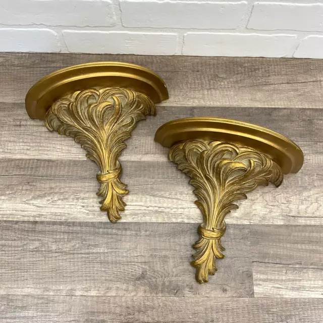 Set of 2 Vintage Ornate Gold Syroco Wall Sconce Shelf Carved Hollywood Regency