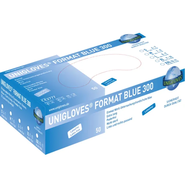Guantes Unigloves Format 3000 azules nitrilo, sin polvo, estériles, talla XL