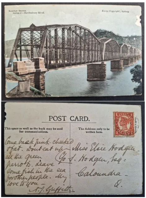 1909 Australia QLD Postcard-Railway Bridge ties 1d stamp cd Brisbane