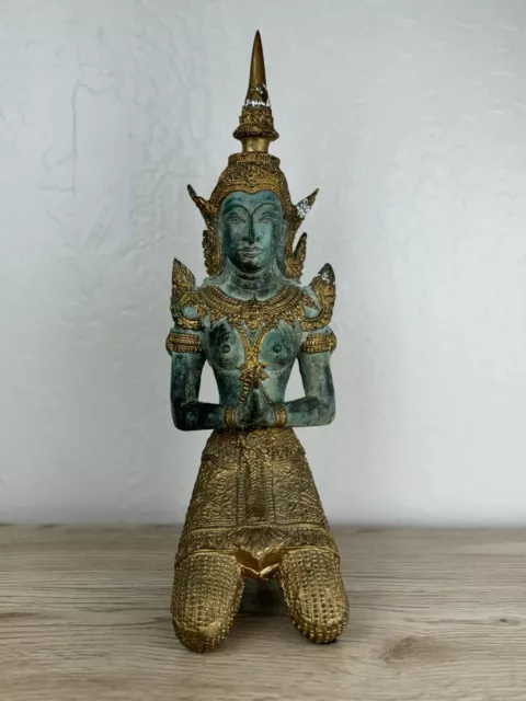 Thai Kneeling Gold Gilt Bronze Buddha Angel Statue 16in Tall (Read)