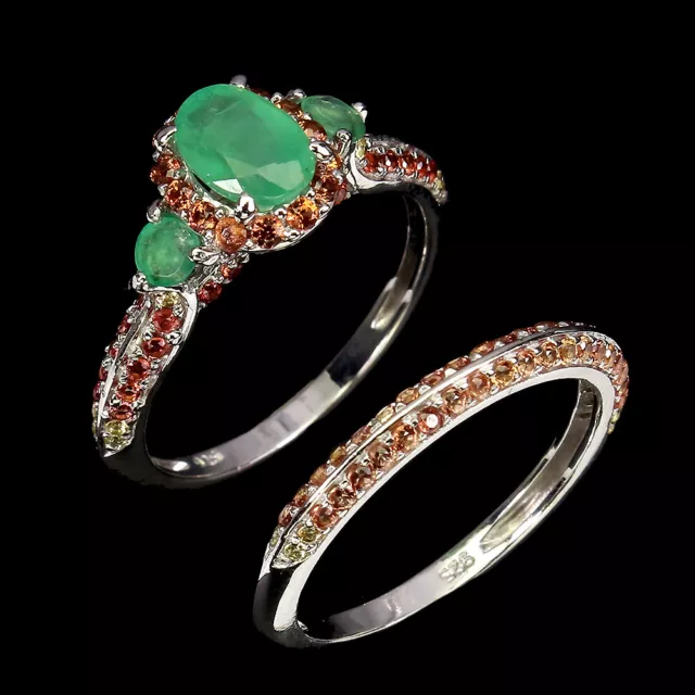 Ovalado Esmeralda Tsavorite Diamante Zafiro Corte 925 Plata de Ley Pareja Anillo