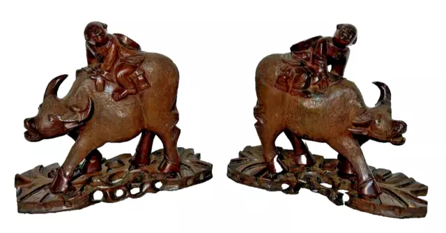 Pair Vintage Hand Carved Wood  Chinese Man Water Buffalo On Carved Base