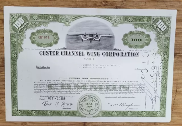 Stock Certificate Custer Channel Wing Corporation Airplane Aviation