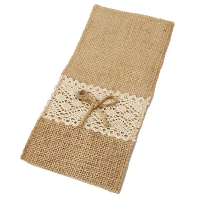 50Pcs Burlap Lace Cutlery Pouch Holder Bag Hessian Rustic  Tableware8530