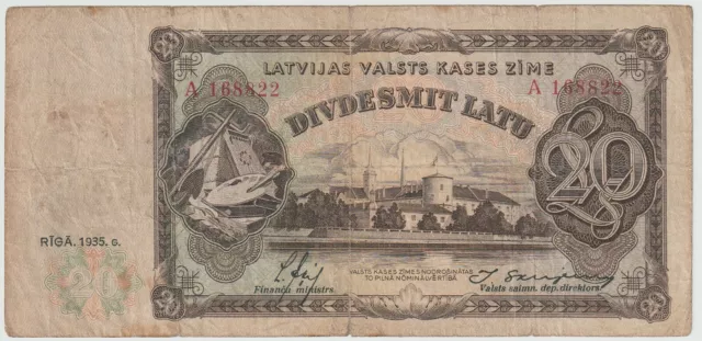 Latvia 20 Latu Banknote 1935 Choice Very Good Condition Pick#30-A"Riga Castle"