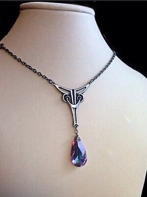NWT BRAND NEW ART DECO NECKLACE with SWAROVSKI FACETED TEARDROP in Antque Silver