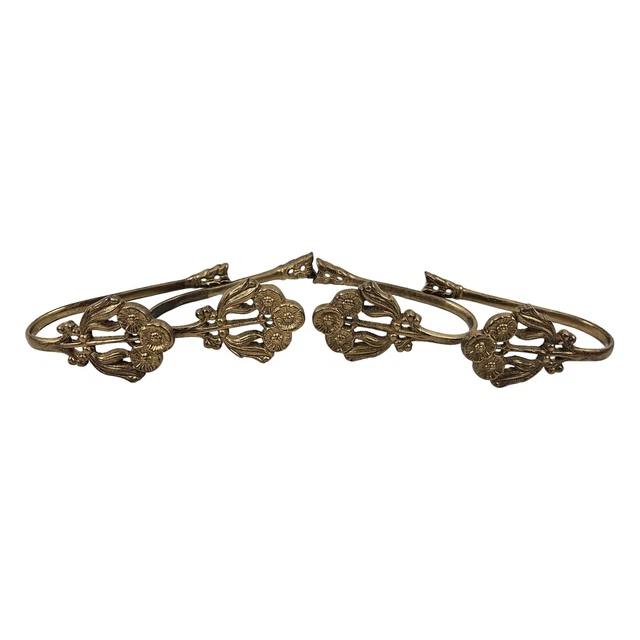 Vintage Brass Ornate Detailed Curtain Wall Tie Back Hooks Gold Set Of 4 Flower