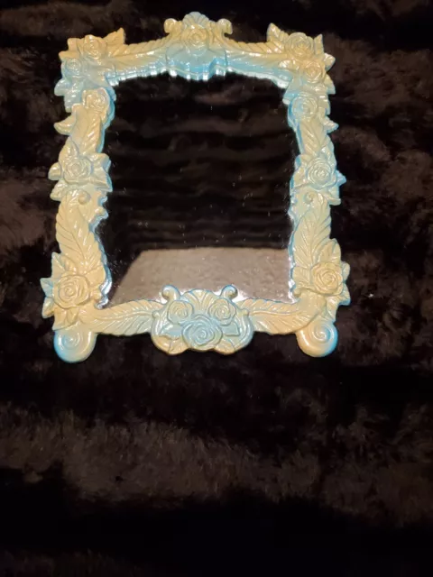 Vintage Cast Iron Vanity Mirror Ornate French Victorian Tabletop Turquoise/Beige