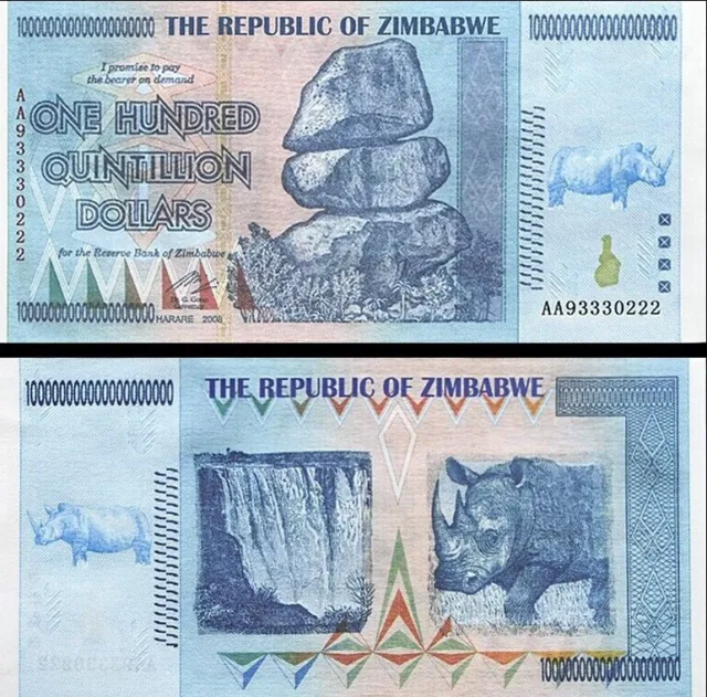 4 x 100 Quintillion $ /AA Banknote/ Zimbabwe/ 2008/ Bankfrisch unzirkuliert