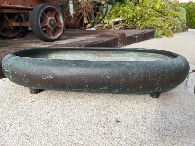 Vintage Mid-Century Modern Brass Oblong Bowl Patina MCM Oval w Feet Heavy