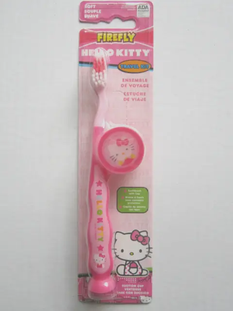 HELLO KITTY Pink Firefly Travel Kit Pink SOFT TOOTHBRUSH W/Cap & Suction Cup!