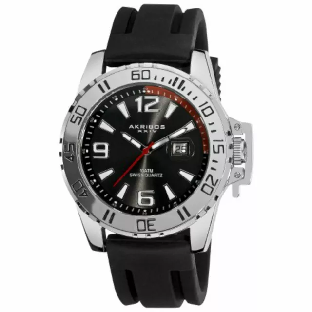 NEW Akribos XXIV AK492BK Men's Diver Black Radiant Dial Black Rubber Sport Watch