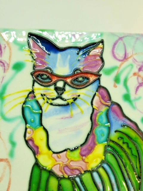 Snazzy Cat Trivet Tile Decor Fancy Glasses Hawaiian Lei Grass Skirt