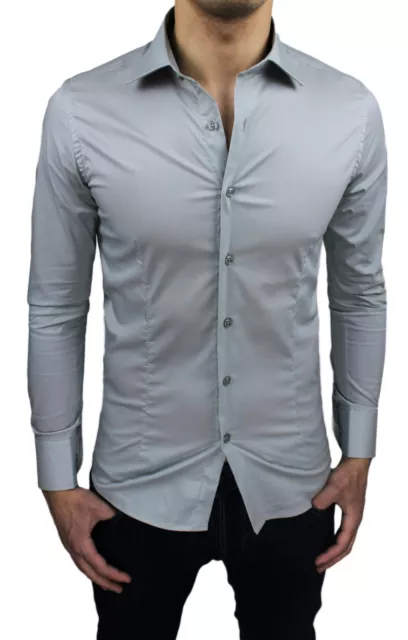 Camicia Uomo Casual Grigio Chiaro Slim Fit Aderente Elasticizzata  S M L Xl Xxl