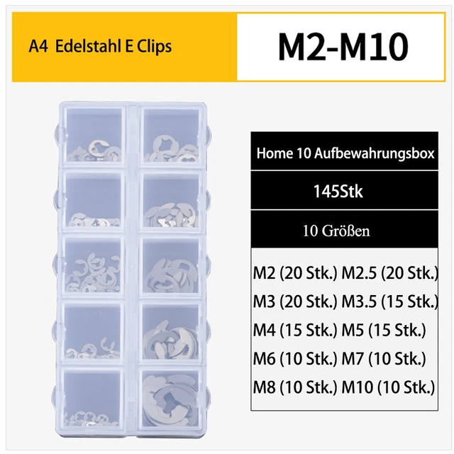 145 pz A4 e-clips in acciaio inox assortimento dischi di sicurezza dischi di supporto M2-M10