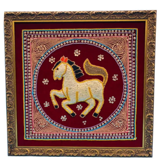 Old Thai Burmese Horse Pony Tapestry Hand Embroidered Framed Wall Hanging 15”.