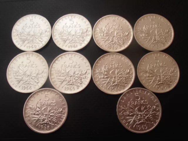 lot de 5 francs semeuse argent. Série complète de 1960 à 1969. TTB à SUP