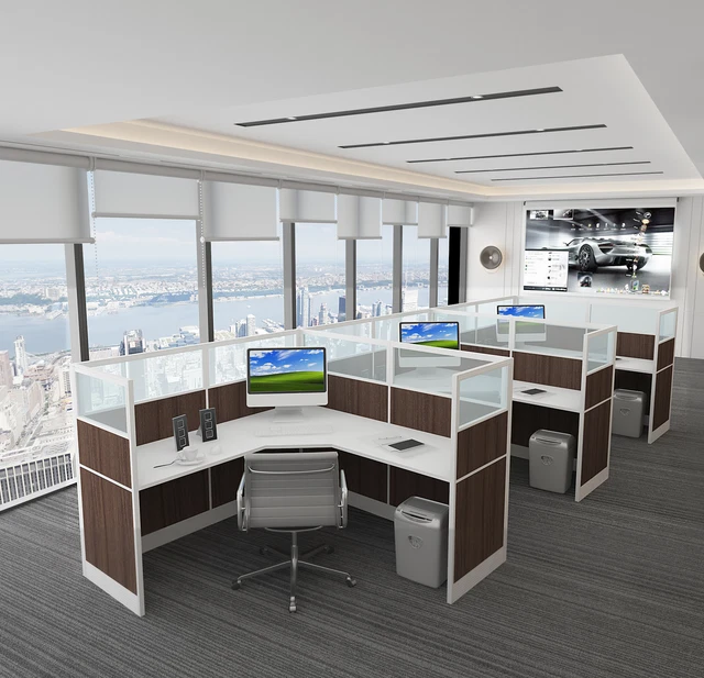 5X5 Cubicles -51″ H- THREE MAN U Shape glazed Office Workstations -V