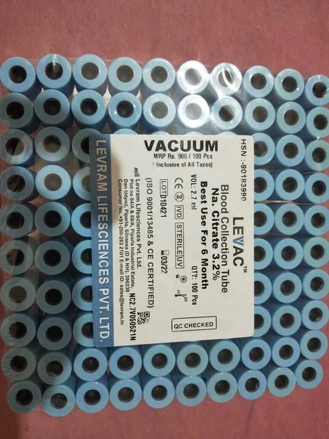 Sodium Citrate Tube with double cap Non Vacuum Blood Collection Pack of 100 pcs