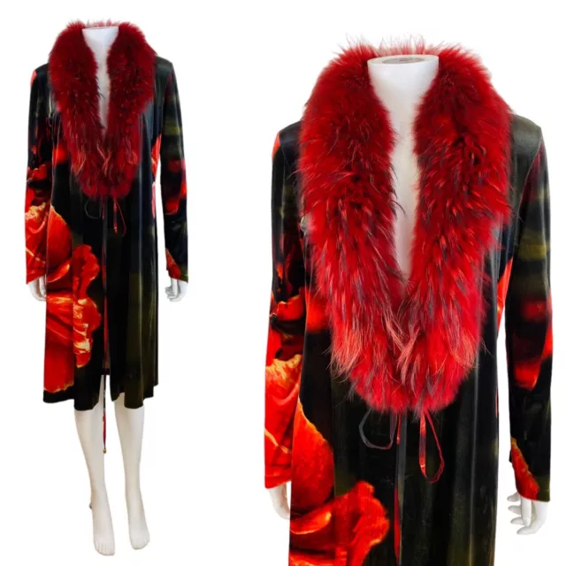 Vintage F/W 1999 Roberto Cavalli Black Green Red Velvet Floral Jacket Dress Fur